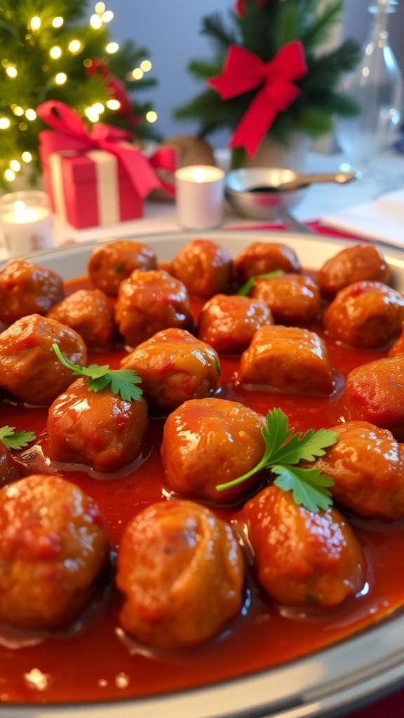 A platter of meatballs in marinara sauce garnished with parsley, set against a festive holiday backdrop.